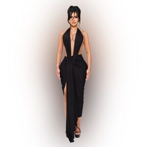 Black Halter Plunge Maxi Dress with Front Drape